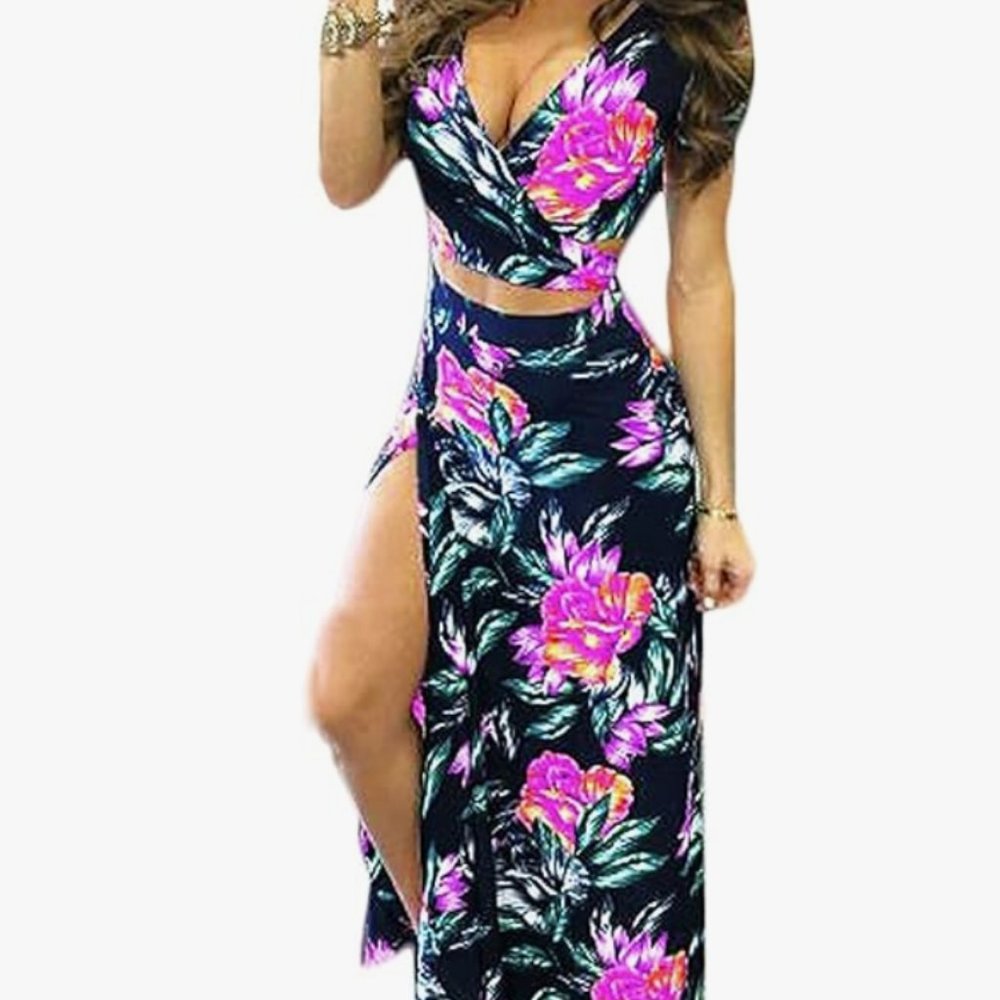 Aro Lora Sexy V Neck Floral Printed Side Slit Two-Piece Maxi Dress Size Small